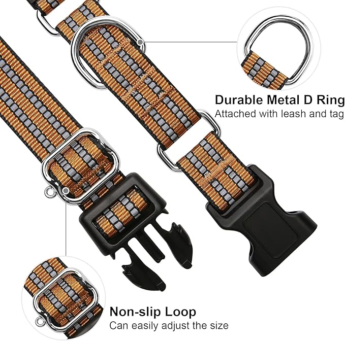 Martingale Dog Collar, Adjustable Nylon Reflective Collar with Quick Release Buckle (Turmeric Brown, Large)
