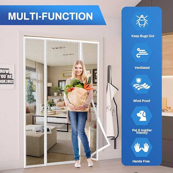 Magnetic Screen Door Upgraded PET Mesh Stronger Than Fiberglass and Polyester,Hands Free,Keeps Bugs Out,Pet & Kid Friendly,Suitable for Sliding Door,Large Patio Door and French Door-60''x80''
