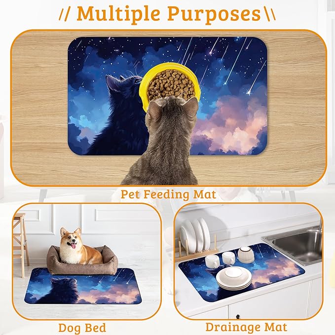 Cat Dog Food Mat,Starry Night Absorbent Pet Feeding Mat for Food and Water Bowl,Quick Dry Dog Placemat Non Slip Rubber Backing Waterproof Pet Supplies 16" x 24"
