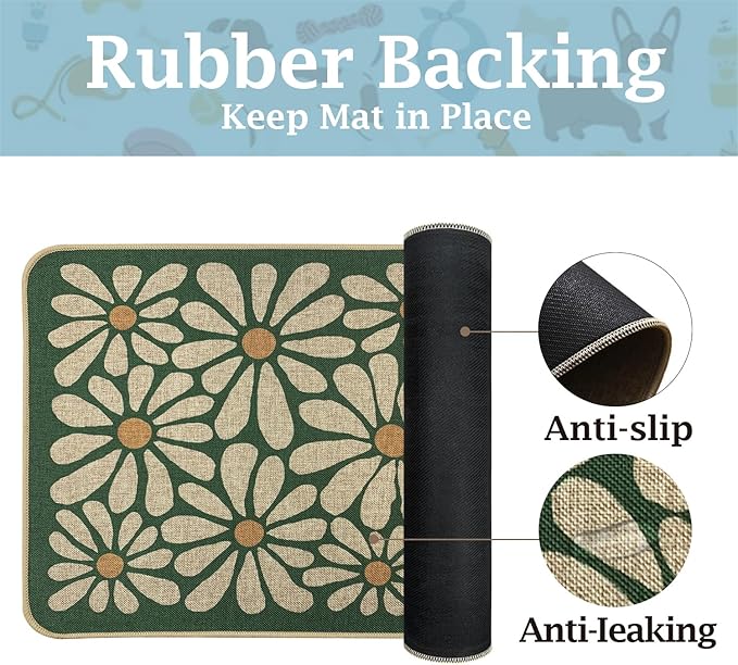 SHIYUE Dog Food Mats for Floors, Absorbent Cat Bowl for Food and Water, Non-Slip Accessories Pet Supplies(16"x24",Forest Green Flower)