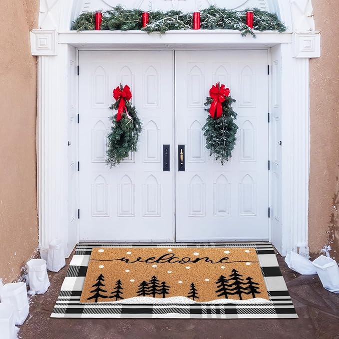 Tinideya 2 Pcs Door Mat Welcome Non Slip Coir Mats Floor Layering Doormats Seasonal for Front Porch Entryway Decor(Snowy Tree)