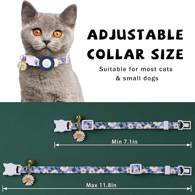 Airtag Cat Collar, JXFUKAL Kitten Collar Breakaway with Silicone Airtag Holder, Bells & Flower Charm for Girl Cats Boy Cats Small Dogs(Blue)