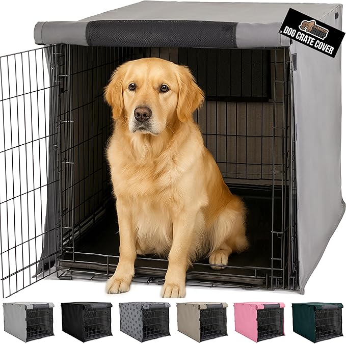GORILLA GRIP Dog Crate Covers Compatible with Amazon Basics Dog Crates, All Sides Open, Privacy Cover Fits 42" Wire Kennel, Breathable Mesh Windows, Light Reducing Puppy Training Cage Topper, Gray