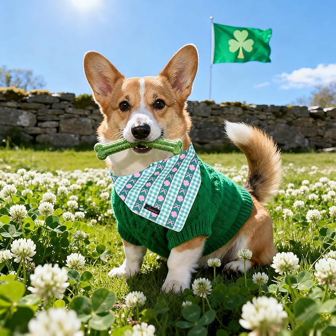 ARING PET St Patrick's Day Dog Bandana, Cute Green Grid Pink Clover Shamrocks Bow Pet Bandanas Scarf Triangle Bibs Handkerchief for Puppy Small Medium Large Boy Girl Dogs-L