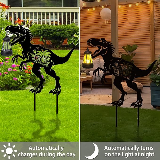 Dinosaur Metal Garden Stakes Yard Decor with a Lantern, Black Dinosaur with Flower Silhouette Statues Garden Decorative Gifts for Yard Art, Patio, Outside, Lawn Ornaments, Backyard, Pathway