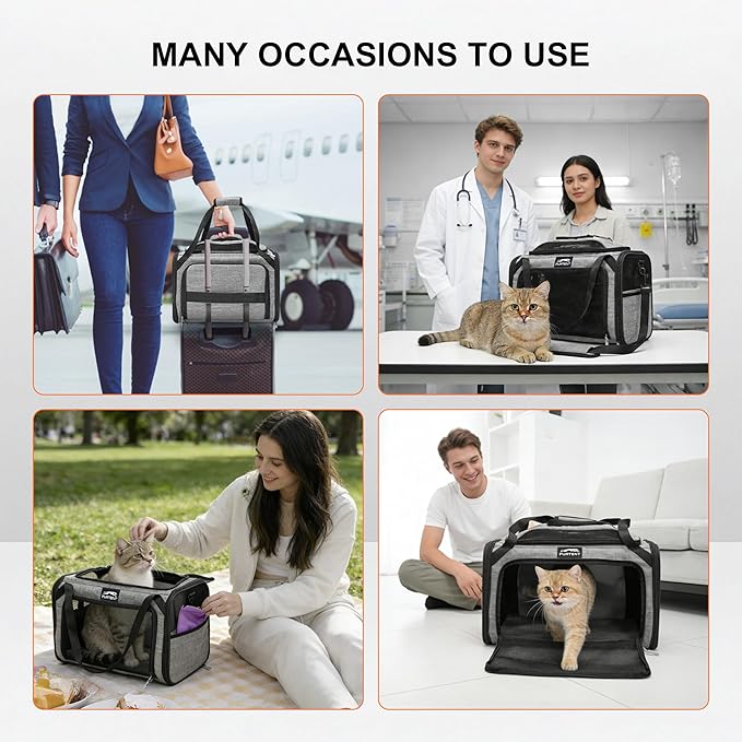 Top and Side Expandable Pet Carriers, 16x11x11 Airline Approved Soft-Sided Cat Carrier for Small Dogs and Cats, in-Cabin Travel Carrier with Anti-Scratch Mesh, Grey