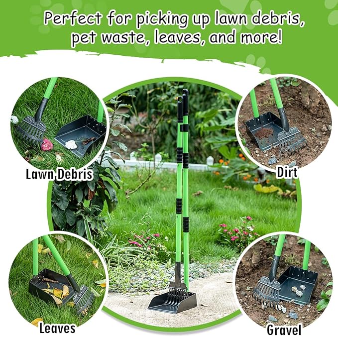 MXF Dog Pooer Scooper Set, 2 in 1 Pet Poop Scooper with Long Handle Dog Poop Picker Upper and Stainless Metal Tray & Rake for Medium & Small Dogs, Heavy Duty for Grass, Dirt, Gravel