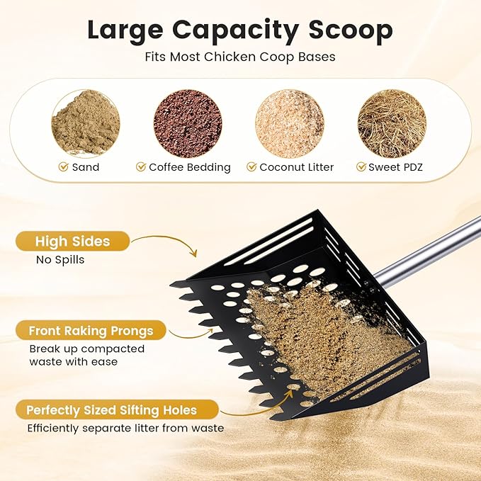 Chicken Poop Scooper and Rake, 2-in-1 Metal Sand Sifting Shovel with 24-68 Inch Adjustable Stainless Steel Handle, Cleaning Tools for Outdoor Chicken Coops, Farm Animals House