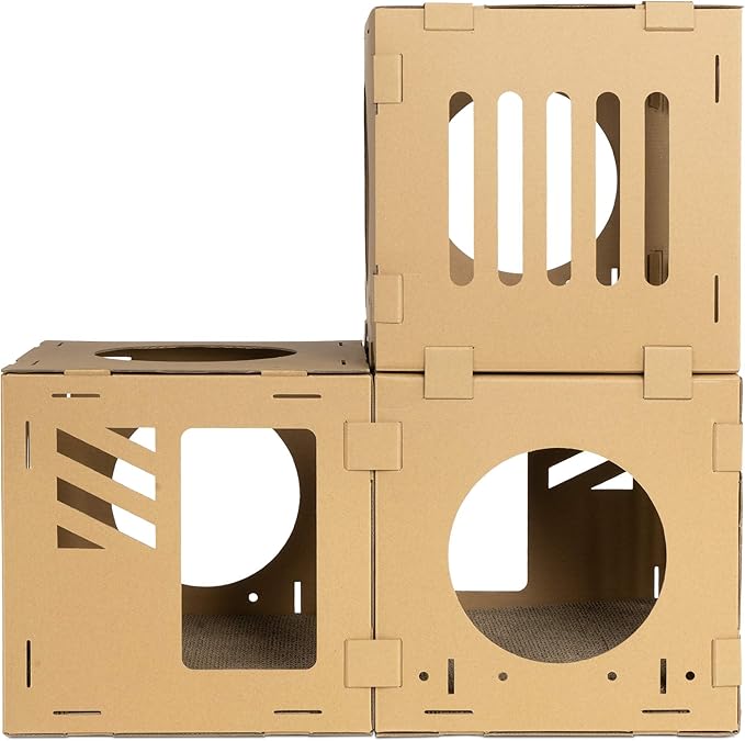 Navaris Modular Cardboard Cat House - DIY Corrugated Cardboard Configurable Play Tower Condo for Small Cats, Kittens, Rabbits - 3 Cubes