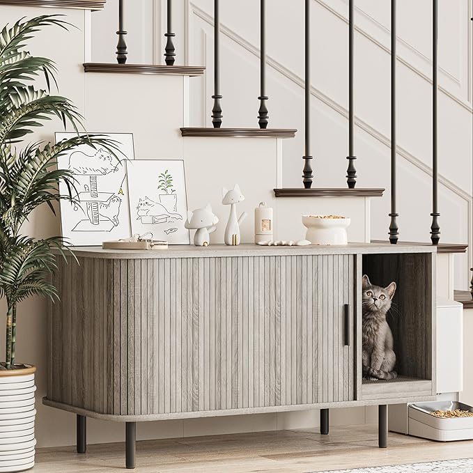 Cat Litter Box Enclosure with Cat Scratch Pad, Sliding Door, 37.4" Litter Box Enclosure Furniture Hidden Litter Box, Modern Indoor Cat House, TV Stand, Side End Table for Living Room, Grey