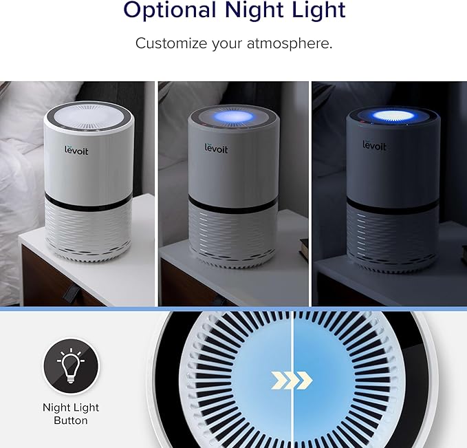 LEVOIT Air Purifier for Home, AHAM Verifide, High-Efficiency Filter for Smoke, Dust, Pollen, and Odors in Bedroom, Office, or Nursery, Optional Night Light, Quiet Operation, LV-H132, White
