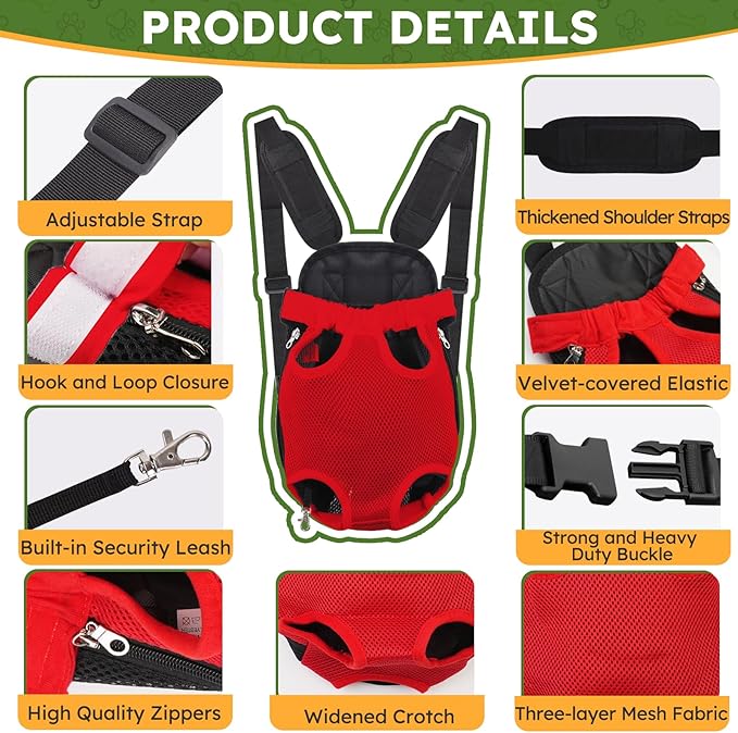 Pet Carrier Backpack, Hands-Free Adjustable Dog Front Carrier Legs Out & Easy-Fit Dog Backpack Carrier for Hiking Camping Traveling Cycling for Small Dogs and Rabbits (Large, Red)