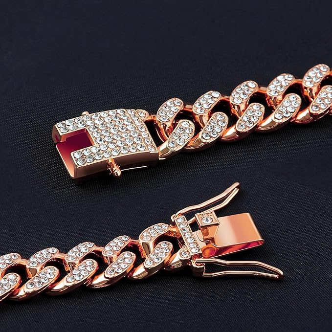 Dog Collar Cuban Link Rose Glod Crystal Dog Necklace Metal Chain Collar with Design Secure Buckle Pet Collar Jewelry Accessories for Small Medium Large Dogs Cats(Rose Glod 14inch)