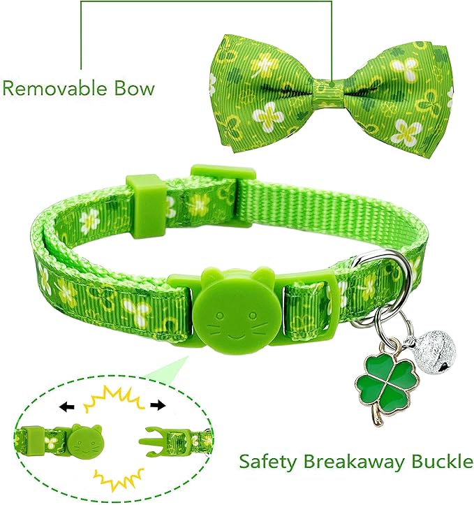 2 Pack St. Patrick Day Cat Collar with Bow Tie,Holiday Kitty Kitten Collar with Bell for Male Female Boys and Girls (Luckyclover)