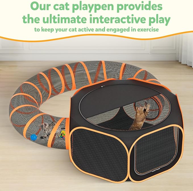Cat Outdoor Enclosures Tunnel Playpen - Portable Playpen Indoor Collapsible Cats Enclosure with Shade Cover 2 Tunnels for Large Small Pets Animal Outside Catio Happy Travel Camping Back Yard