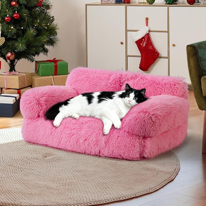 Large Cat Beds for Indoor Cats, Dog Couch Bed, Cute Cat Couch Sofas for Less 20lbs Kitten Puppy, Small Dog Sofas & Chairs with Removable Washable Cover, Soft Warm Pet Furniture, Plush Pink