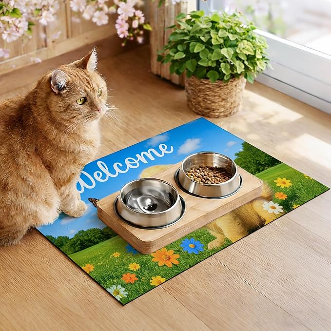 Welcome Spring Pet Feeding Mat 24" x 16" Non Slip Dog and Cat Food Mat Easy Clean Feeding Mat for Puppy and Kitten Cute Cat Feedings Mat for Indoor Cats Food and Water Mat for Pet Bowls