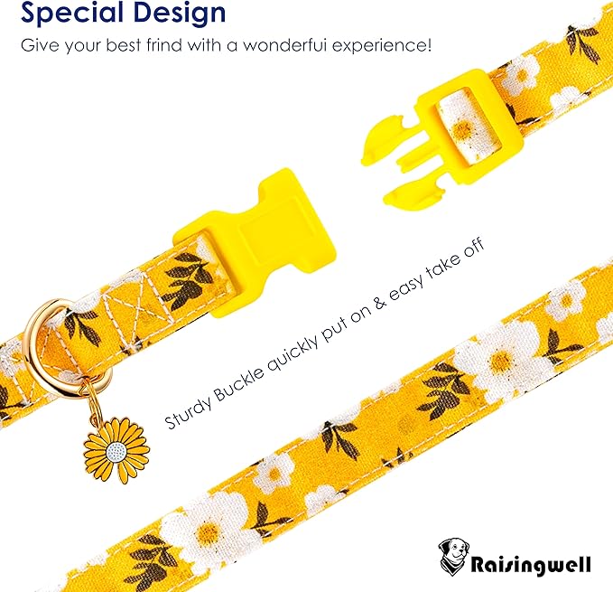 Cotton Dog Collar Yellow Flower Pattern for Boys and Girls Cute Dog Collars Summer Fall Gift Adjustable for Medium to X-Large Breed Dogs (L)