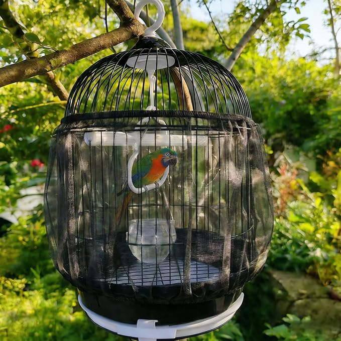 2 Pcs Bird Cage Seed Catcher, Adjustable Bird Cage Net Cover, Reusable Soft Nylon Cover for Parrot Enclosures (Black)