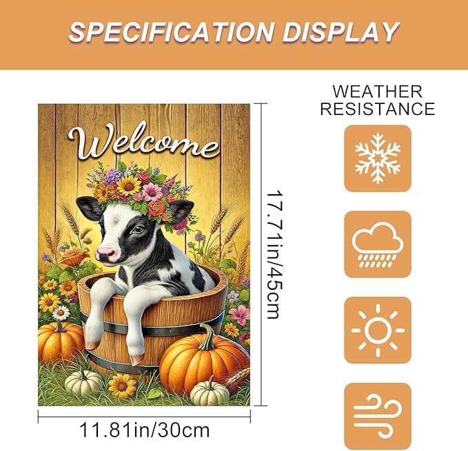 Fall Garden Flag Welcome Calf Animal Garden Flag Farm 12x18 Inch Double Sided Outdoor Decoration for Fall Season Yard Porch Lawn Display Cute Flower Cow Banner Autumn Harvest