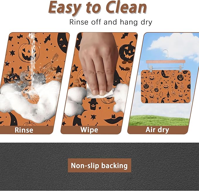 Halloween Dog Food Mat for Floors,Pumpkin Bat Absorbent Quick-Dry Pet Feeding Mat,Cat Dog Bowl Mats for Food and Water,Non-Slip Pet Accessories Supplies 12"x20"