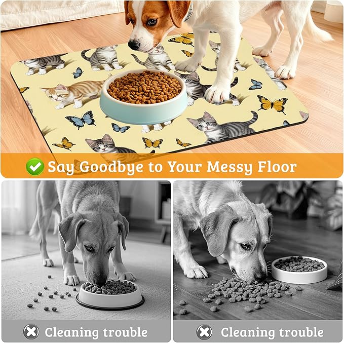 Dog Bowl Mat,Cute Cats Pet Feeding Mat for Floors Waterproof,Butterfly Absorbent Dogs Placemat for Food and Water Quick Dry Pet Cat Feeding Mats with Non Slip Bottom 12" x 20"