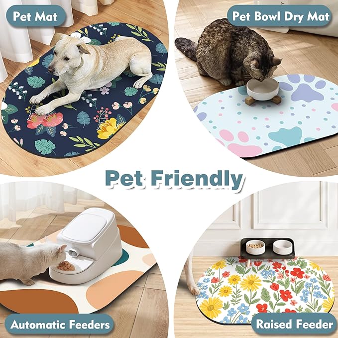 20''x12'' Absorbent Cat Feeding Mat, Pet Water Mats Protect Floor, No Stains Quick Dry Pet Placemats for Food and Water Bowl, Non-Slip Base Cats Bowl Mats for Messy Drinkers, Dark Blue Floral