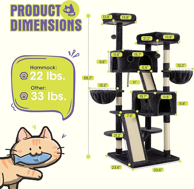 WEEWAY Cat Tree Tower for Indoor Cats,65'' Multi-Level Cat Furniture Activity Center,Stand House Condo Cave,Sisal Scratching Posts Ramps,Plush Perches Platforms Basket Hammock, Dark Grey