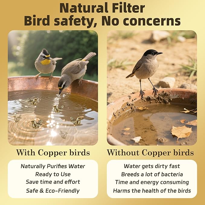 6 Pcs Copper Bath Disks Ornaments Mini Bird Shape, Retro Copper Birdbath Purification Cleaner, Fit for Outdoor Birdbaths, Bowls