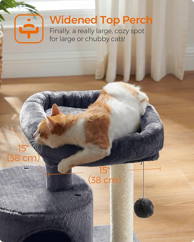 Feandrea Cat Tree, Small Cat Tower with Sisal Scratching Post, Plush Condo with Padded Perch, for Small Spaces, Kittens, Smoky Gray UPCT50G