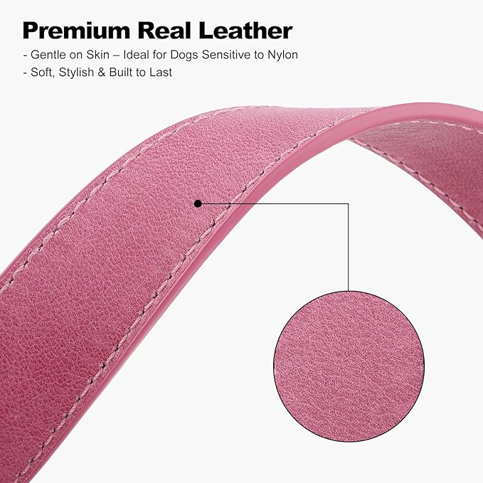Plutus Pet Genuine Leather Dog Collar – Adjustable Pet Collar with Quick Release Metal Buckle, Soft Real Leather for Small Medium Large Dogs, Heavy Duty & Skin-Friendly (Pink, XS)