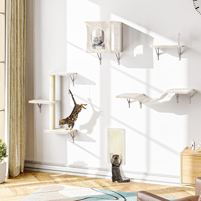 Wall Mounted Cat Furniture, 5 Pcs Cat Wall Shelves with House, Bridge, Steps, Scratching Post, Shelves, Indoor Safe & Stable Furniture for Kittens Play,Beige