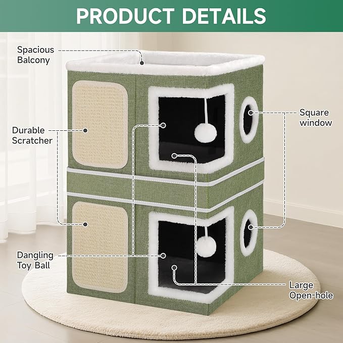 2-Storey Cat House for Indoor Cats, Separate Into 2 Large Cat Bed Cave with Hideaway Condos, Scratch Pads, Hanging Balls, Foldable Indoor Cat House, Cat Cube for Multiple Cats Kitten, Green