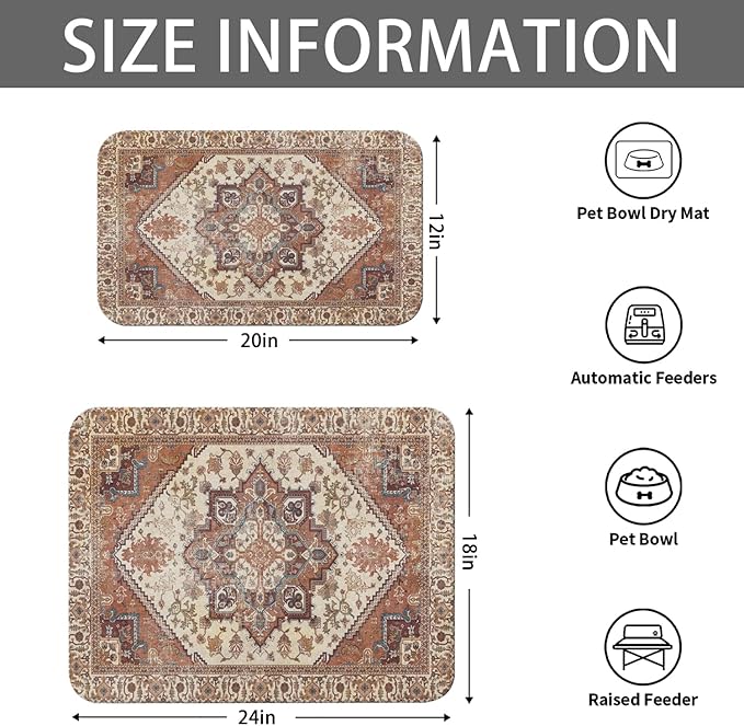 2 Pack Dog Food Mats for Floors, Absorbent and Quick-Drying Pet Cat Food Mat,Anti-Fouling and Easy-to-Clean Pet Feeding Mat,Dog Bowl Mat for Messy Drinking Water Bowls.12 x20+18"x24", Bohemia Style