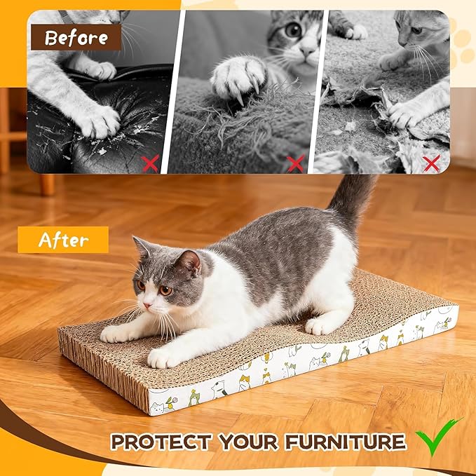 PatiencET Cardboard Cat Scratcher Pads, 4-Pack (2 Flat Double-Sided, 2 Wavy), Catnip Included, for Small and Medium Indoor Cats