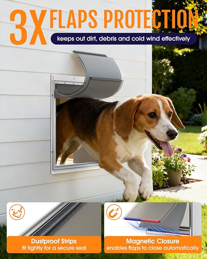 Pet Dog Door for Wall - Robust Steel Pet Door with Magnetic Triple Flaps, 12.6" x 10" Flap Opening, Adjustable Tunnel for 3.4"-6" Thick PVC, Wood, Drywall, for Pets Up to 45lb, White