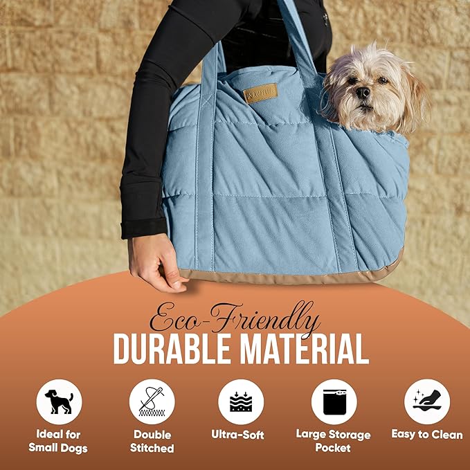 Plush Dog Purse Carrier for Small Dogs, Soft Dog Tote Bag with Safety Harness Clip, Cozy Pet Carrier for Dogs Under 15 lbs, Comfortable Dog Shoulder Carrier for Travel, Light Blue