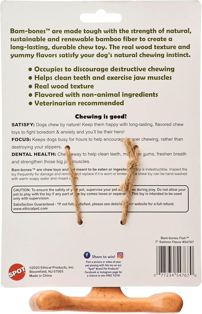 SPOT Bam-Bones Fish - Made with Strong Bamboo Fiber, Durable Long Lasting Dog Bone for Light to Moderate Chewers, Great Chew Toy for Adult Dogs & Teething Puppies Under 30lbs, 5.5in, Salmon Flavor