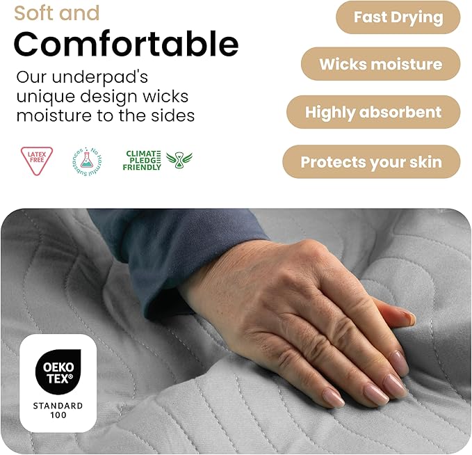 IMPROVIA® Washable Underpads 34" x 52" Pack of 2 Heavy Absorbency Reusable Bedwetting Incontinence Pads for Adults, Kids, & Pets - Waterproof Protective Pad for Bed, Couch, Sofa, Floor (Gray & White)