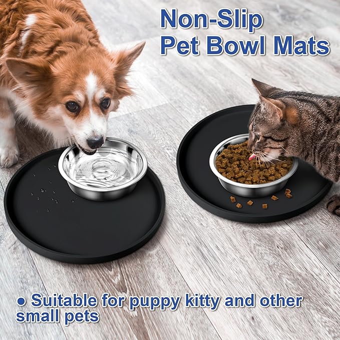 4 PCS Thickened Pet Silicone Food Mat, Nonslip Waterproof Cat Dog Feeding Bowl Mats with Raised Edges for Food and Water Prevent Spills, Round Eating Tray for Floors, Puppy Kitten, 10'' x 10''