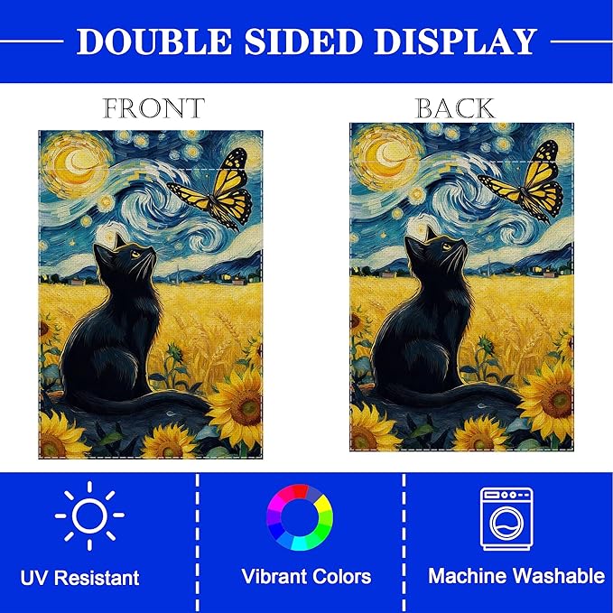 Spring Summer Garden Flag Van Gogh Starry Night Black Cat Banner - Monarch Butterfly Sunflower Art Outdoor Decor for Porch Yard Patio Decorations