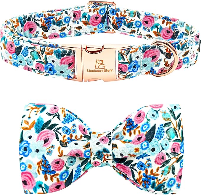 Lionheart glory Dog Collar Bow Collar Floral Dog Collar with Bow Tie Spring Summer Cute Collar Dog Boy or Girl Dog Collars Soft Durable Adjustable Dog Collars for Small Dogs