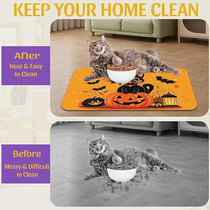 Halloween Cat Pet Feeding Mat, Absorbent Dog Bowl Pad, Quick Dry with Anti-Skid Bottom, Indoor Pet Accessories – 16x24 Inch