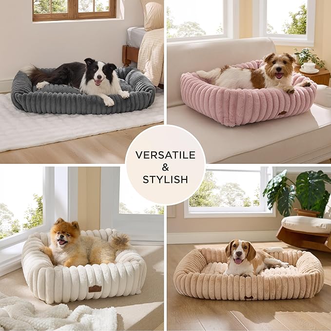 Bedsure ComfyFleece™ Cute Dog Bed for Small Dogs & Cats - Washable Furry Cat Beds, Rectangle Orthopedic Corduroy Fleece Puppy Beds with Removable Zipper Cover, 20x19x6inches, Cream