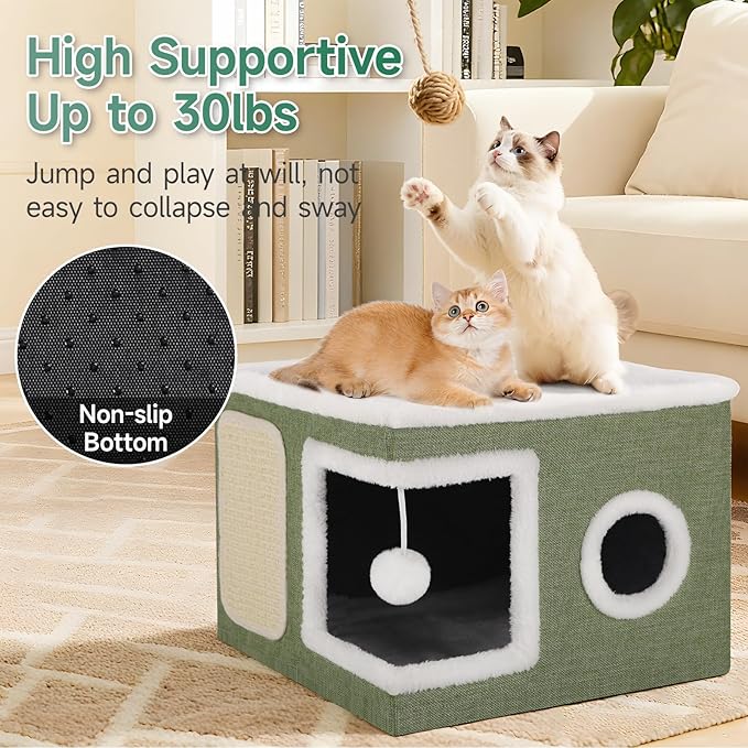 Shikha Cat Beds for Indoor Cats, Large Cat Cave with Cozy Condo, Fluffy Ball, Round Window, Foldable Indoor Cat House Hold Up to 30LBS, Cat Hideaway with Reversible Cushions for All Seasons, Green