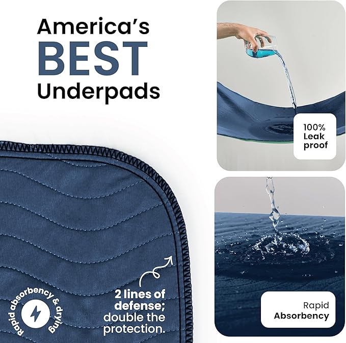 IMPROVIA® Washable Underpads, Heavy Absorbency Reusable Incontinence Pads for Kids, Adults, Elderly, and Pets, Waterproof Protection Floor - Navy & Green, 34"x36" (Pack of 4)