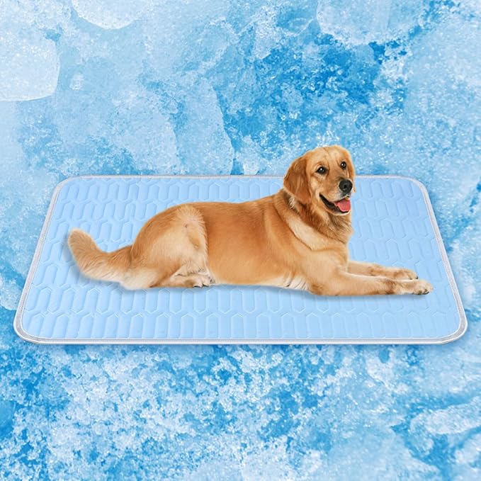 Self Cooling Dog Mat for Large Dogs - Ice Silk Pet Cooling Pad 35"x55" (90x140cm), Machine Washable, Non-Slip for Crate/Car/Floor, Summer Relief Indoor & Outdoor Use (Blue)