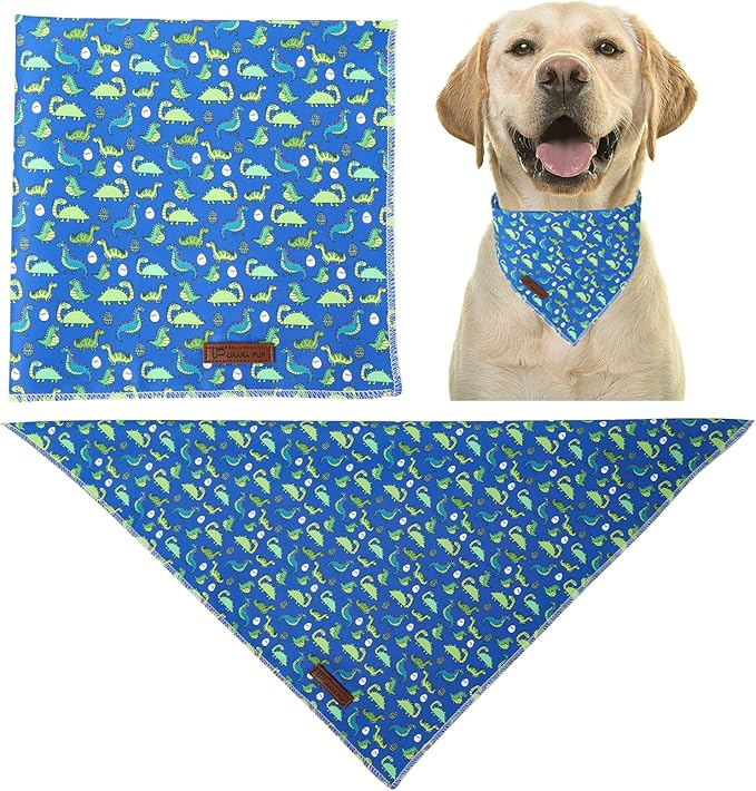 Summer Dog Bandana, UP URARA PUP Dinosaur Triangle Bid Scarf for Medium Large Dogs, Cotton Kerchief for Girl Boy Puppies, Cute Summer BlueBandana,S