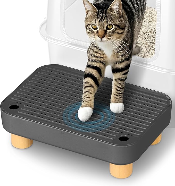 Litter Box Step, Litter Box Ramp/Catcher with Wooden Base, Anti-Tracking & Easy to Clean, Ideal for Small & Elderly Cats (Black)