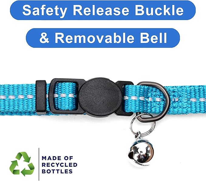 Pawtitas Recycled Teal Reflective Cat Collar – Eco-Friendly Breakaway Safety Buckle, Adjustable Kitten & Adult Collar with Removable Bell and High-Visibility Strap